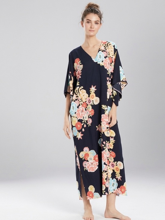 Natori Dresses & Skirts - N NATORI Joy Black Satin Caftan Floral Size Large Boho Loungewear Maximalist